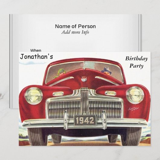 Red Auto Birthday Party Kaart (Voorkant / Achterkant)