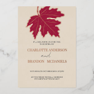 Red Autumn Maple Leaf Wedding Roos Gold Folie Uitnodiging
