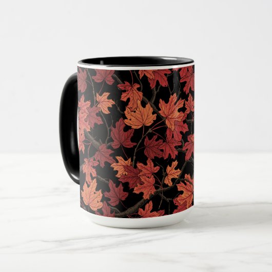 Red Autumn maple leaves on black Mok (Voorkant links)
