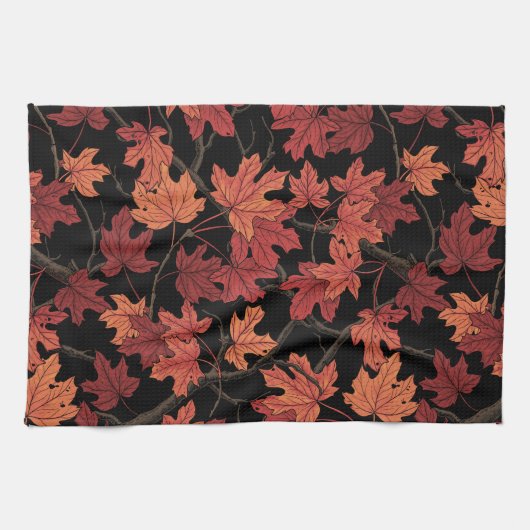 Red Autumn maple leaves on black Theedoek (Horizontaal)