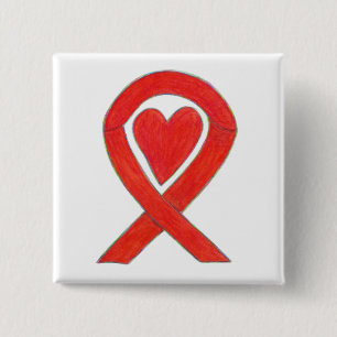 Red Awareness Ribbon Heart Custom Pin Buttonnen Vierkante Button 5,1 Cm
