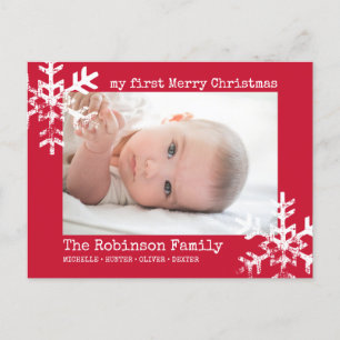 Red Baby Holiday Eerste Kerstfeest Foto Snowflakes Feestdagenkaart