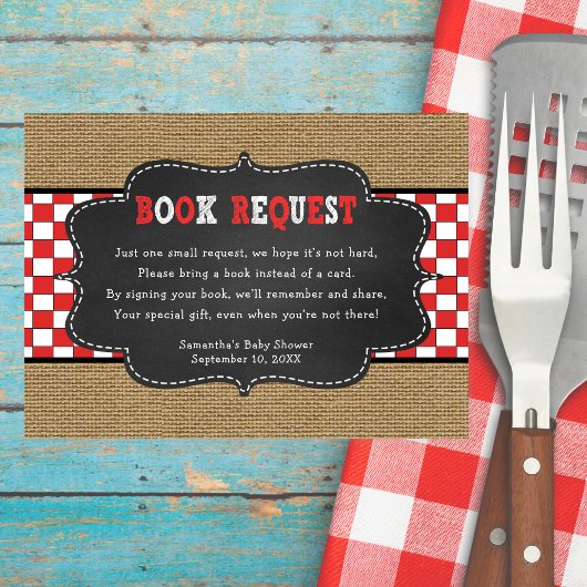 Red Baby Q, BBQ Baby shower book request card Informatiekaartje