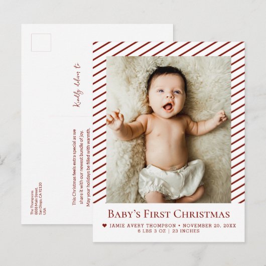 Red Baby’s First Christmas Custom Photo Birth  Briefkaart (Voorkant / Achterkant)