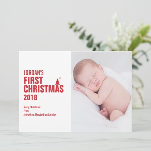 Red Baby's eerste kerstfotokaart Feestdagenkaart (Staand voorkant)