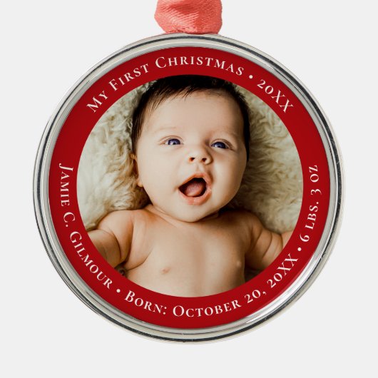 Red Baby's First Christmas 1 foto Geboortedatum Metalen Ornament (Voorkant)