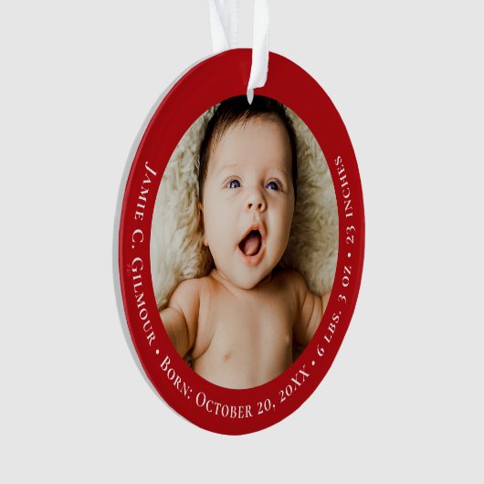 Red Baby's First Christmas 1 foto Geboortedatum Ornament (voorkant)