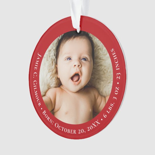 Red Baby's First Christmas 1 foto Geboortedatum Ornament (voorkant)