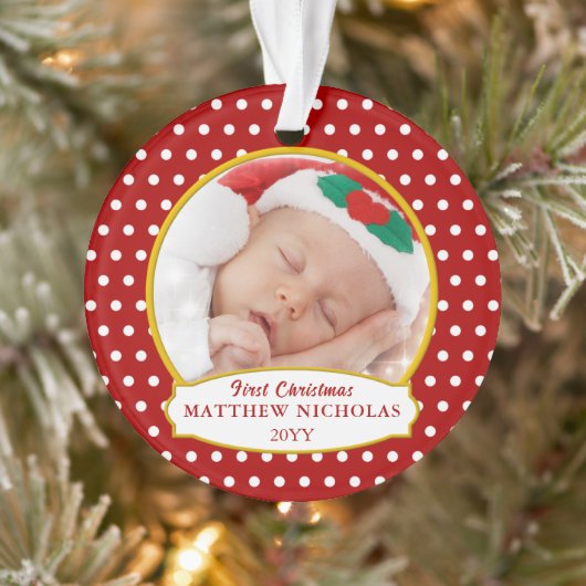 Red Baby's First Christmas Photo Ornament (Boom)