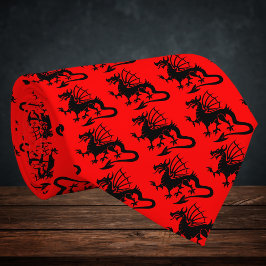 Red Background Black Welsh Dragon Silhouette Stropdas