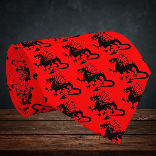 Red Background Black Welsh Dragon Silhouette Stropdas