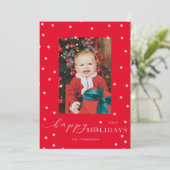 Red Background Pompom Polka Dot Photo Holiday Card Kaart (Staand voorkant)