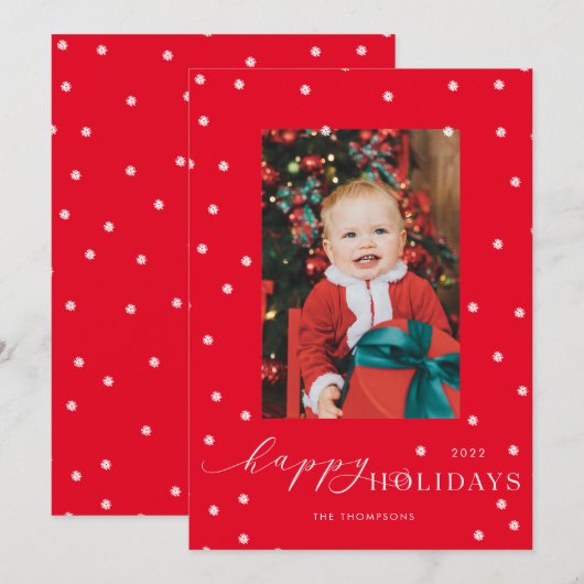 Red Background Pompom Polka Dot Photo Holiday Card Kaart (Voorkant / Achterkant)