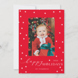 Red Background Pompom Polka Dot Photo Holiday Card Kaart