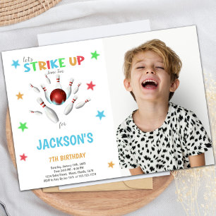 Red Ball Bowling Birthday-uitnodigingen met foto Kaart