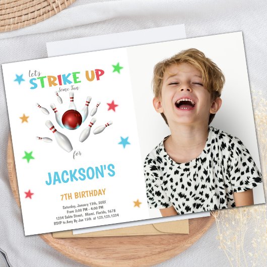 Red Ball Bowling Birthday-uitnodigingen met foto Kaart
