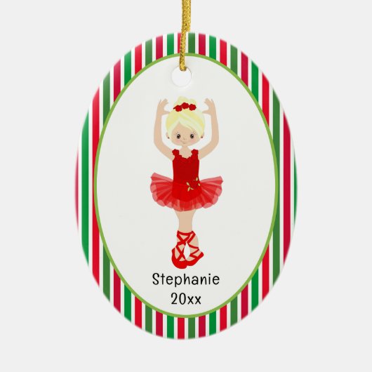 Red Ballerina Stripes Persoonlijke kerstmis Keramisch Ornament (Voorkant)
