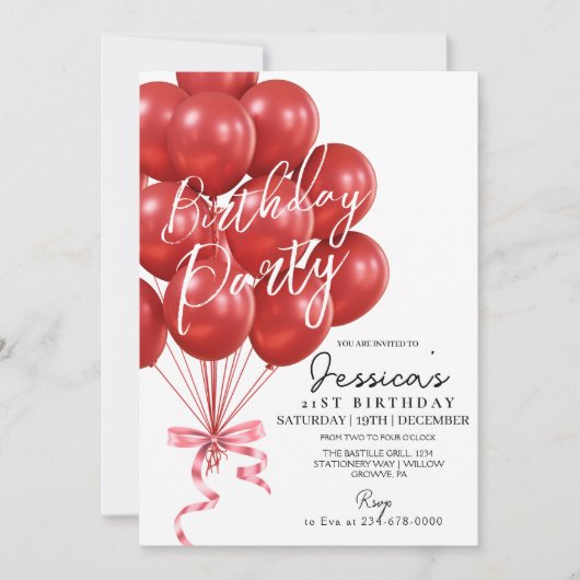 Red Balloon Script  Modern Birthday Party Kaart (Voorkant)