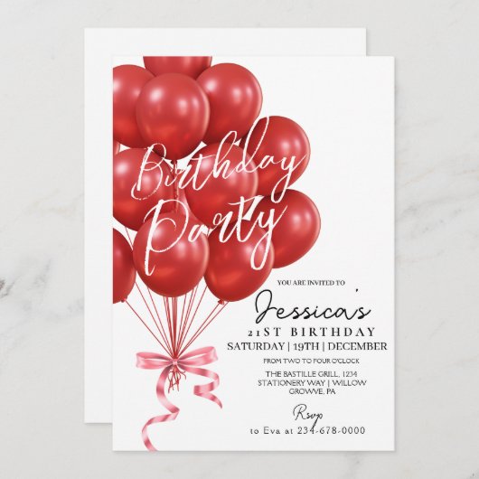 Red Balloon Script  Modern Birthday Party Kaart (Voorkant / Achterkant)
