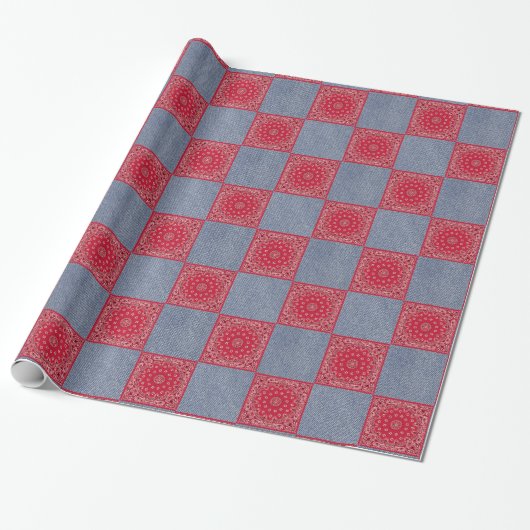 Red Bandana en Denim Print Cadeaupapier (Uitgerold)