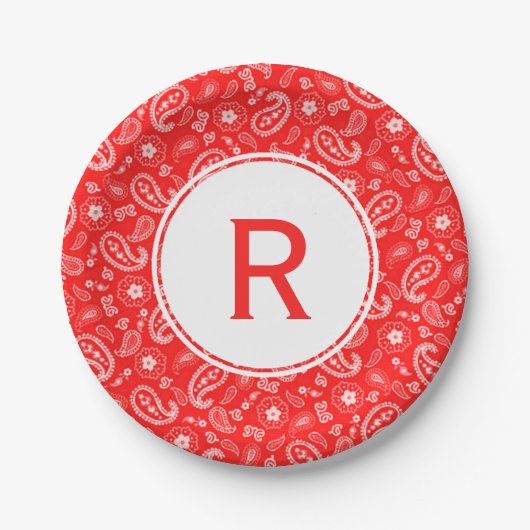 Red Bandana Pattern & Monogram Papieren Bordje (Voorkant)