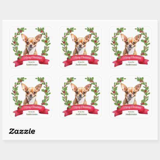 Red Banner Holly Brown Chihuahua Dog Christmas Vierkante Sticker (Vel)