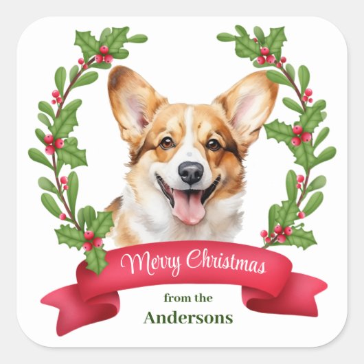 Red Banner Holly Corgi Dog Christmas Vierkante Sticker (Voorkant)