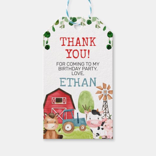 Red Barn Blue Tractor Boerderij Farmyard Birthday Cadeaulabel (Voorkant)