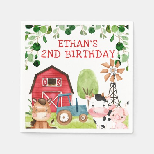 Red Barn Blue Tractor Boerderij Farmyard Birthday Servet (Voorkant)