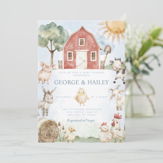 Red Barn Boerderij Animal Baby shower Invitation Kaart (Staand voorkant)