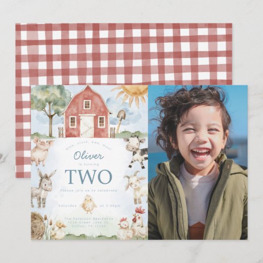 Red Barn Boerderij Animal Verjaardagsfeestuitnodig Kaart (Voorkant / Achterkant)