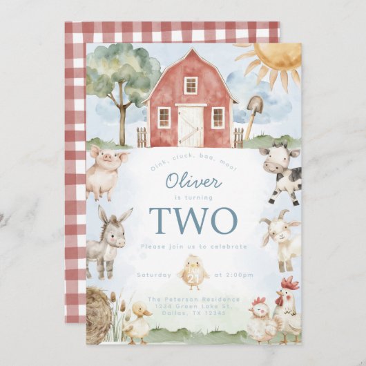 Red Barn Boerderij Animal Verjaardagsfeestuitnodig Kaart (Voorkant / Achterkant)