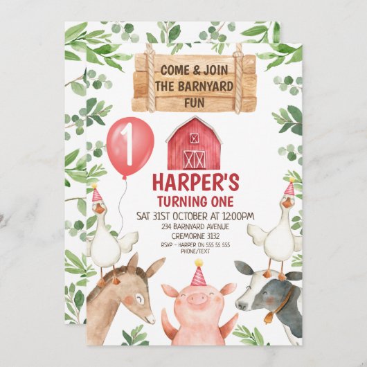 Red Barn Boerderij Barnyard Fun Birthday Invitatio Kaart (Voorkant / Achterkant)