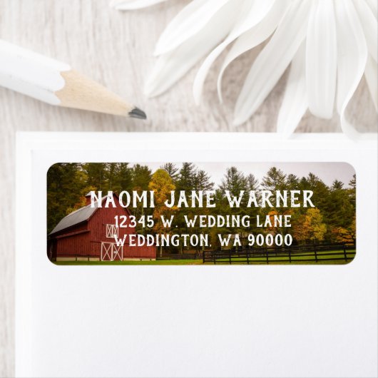 Red Barn bruiloft retour adres labels (Insitu)