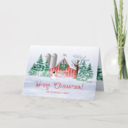 Red Barn Christmas Wreath Snowman Feestdagen Kaart