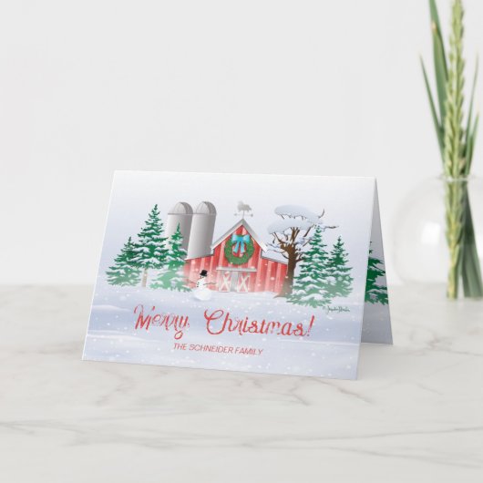 Red Barn Christmas Wreath Snowman Feestdagen Kaart (Voorkant)