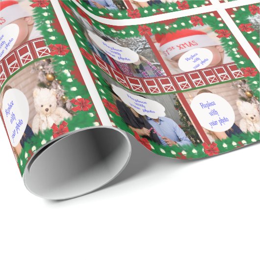 Red Barn deur 4 Foto Custom Country Holiday Cadeaupapier (Rol Hoek)