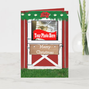 Red Barn Door Holiday Foto Wenskaart Feestdagen Kaart