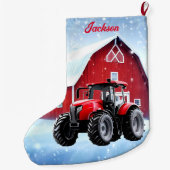 Red Barn en moderne rode tractor Grote Kerstsok (Achterkant)