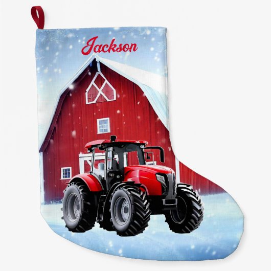 Red Barn en moderne rode tractor Grote Kerstsok (Voorkant)