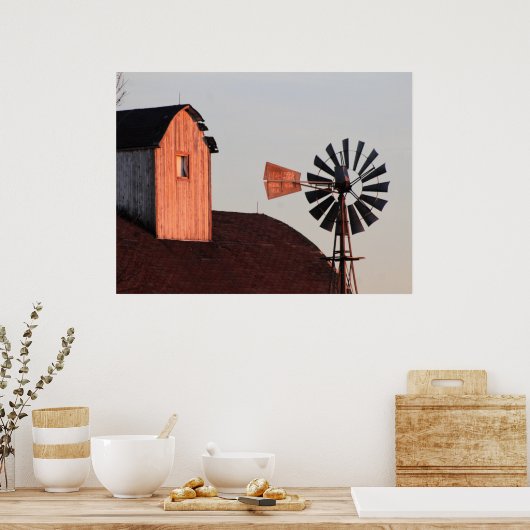 Red Barn en Windmill rustige boerderij foto Poster (Keuken)