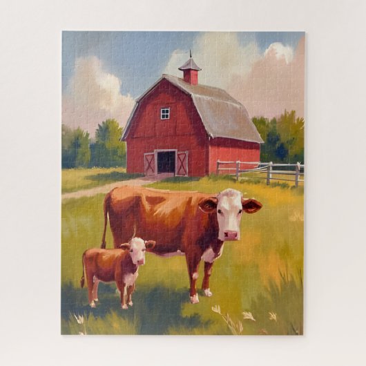 Red Barn Farm Animals Cow Painting Legpuzzel (Verticaal)