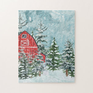 Red Barn Fir Trees Snow Winter Scene Legpuzzel