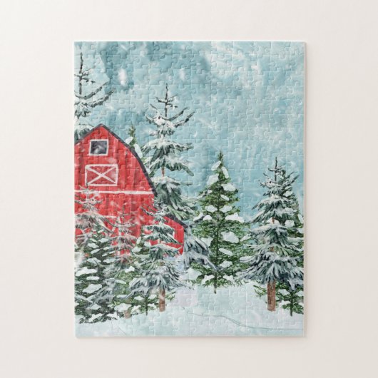Red Barn Fir Trees Snow Winter Scene Legpuzzel (Verticaal)