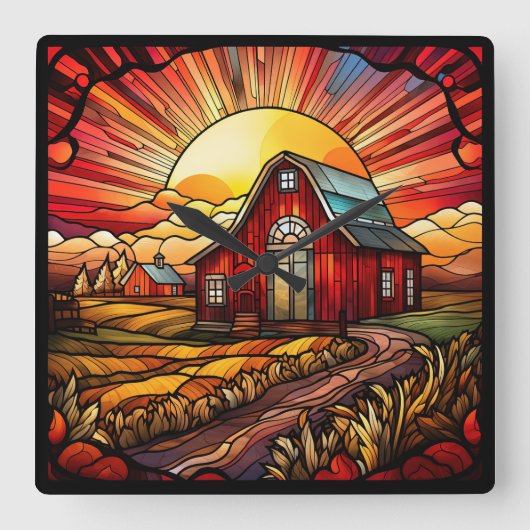 Red Barn Glas in lood Wall Clock Vierkante Klok (Voorkant)