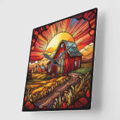 Red Barn Glas in lood Wall Clock Vierkante Klok (Hoek)