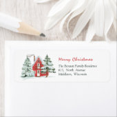 Red Barn Green Forest Pine Kerstboom Adres Etiket (Insitu)