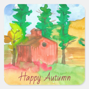 Red Barn Happy Autumn Waterverf Vierkante Sticker