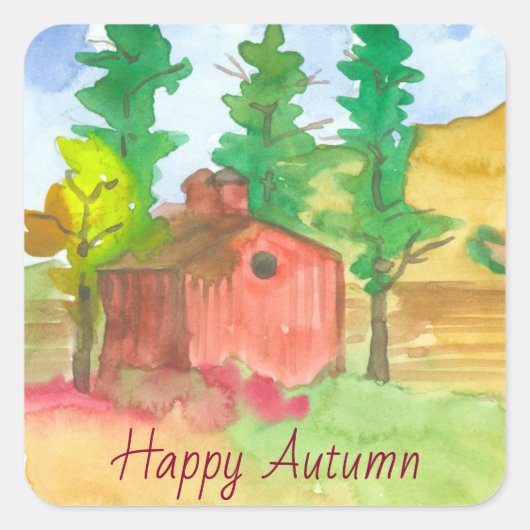 Red Barn Happy Autumn Waterverf Vierkante Sticker (Voorkant)