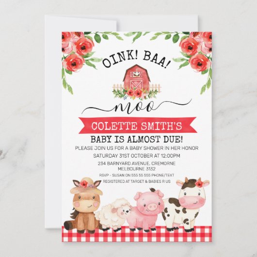 Red Barn Oink Baa Moo Boerderij Baby shower Kaart (Voorkant)